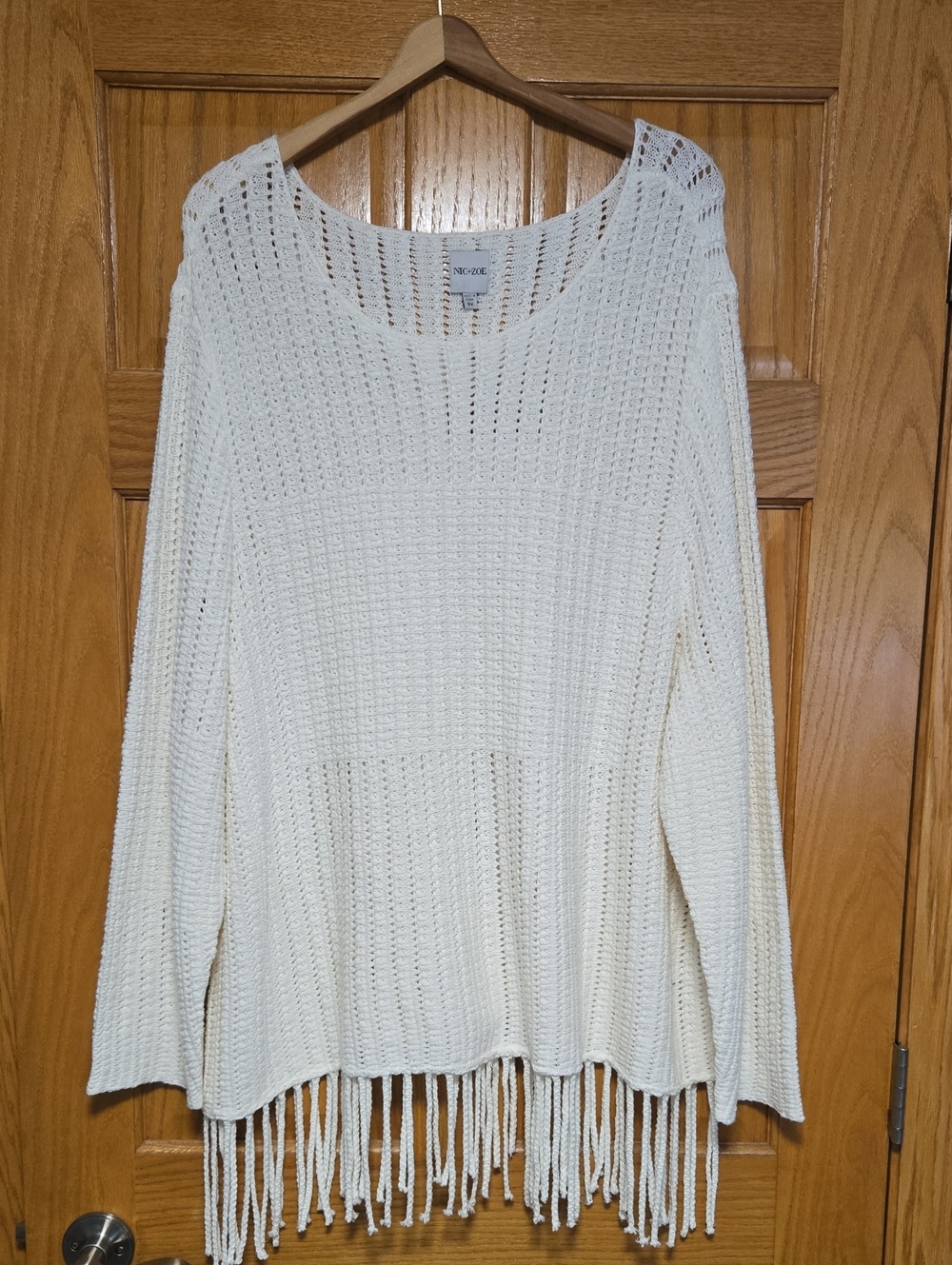 NIC+ZOE Cream Open-Knit Fringe Sweater